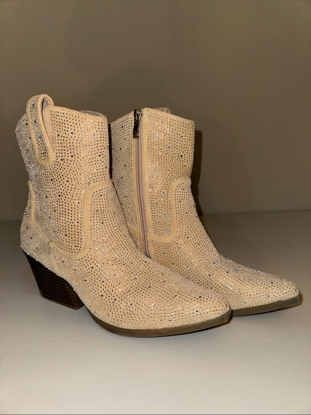 GC Beige Rhinestone Western Ankle Booties with Side Zip